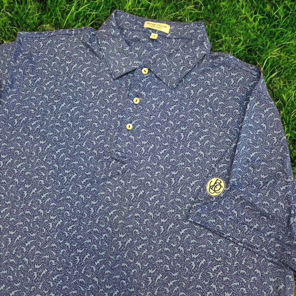 Peter Millar Golf Polo XL Blue Summer Comfort Shirt Hammerhead Sharks AOP - LOGO
